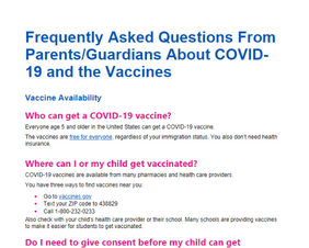 Frequently Asked Questions From Parents/Guardians About COVID-19 and the Vaccines 