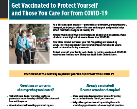 Para proveedores de servicios directos: vacúnese contra el COVID-19 para protegerse y para proteger a los que cuida. (enlace en inglés a la página web de los CDC) (PDF) 