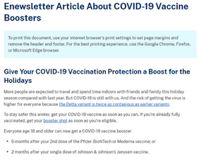 Enewsletter Article About COVID-19 Vaccine Boosters