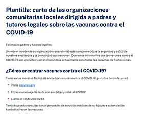 Plantilla: carta de las organizaciones comunitarias locales dirigida a padres y tutores legales sobre las vacunas contra el COVID-19